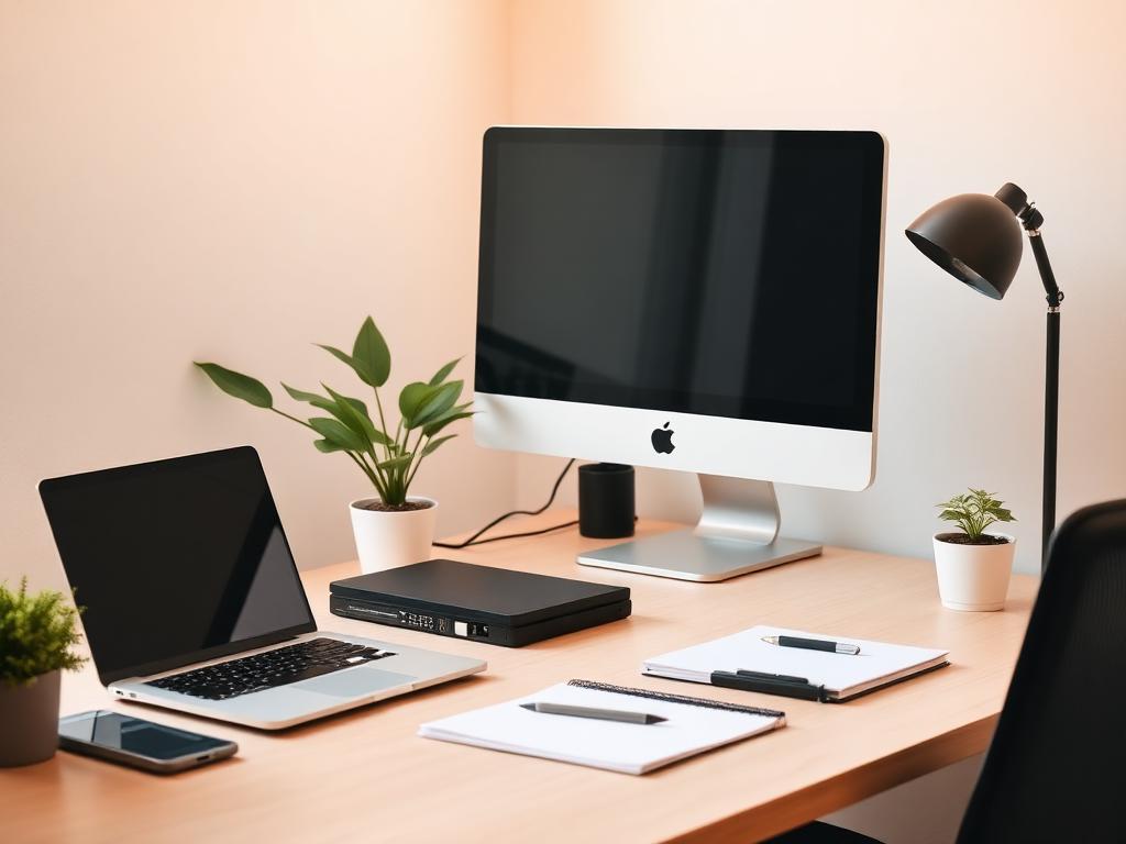 Furnished desk setup inside the Forest Park office suite with monitor, laptop and desk lamp
