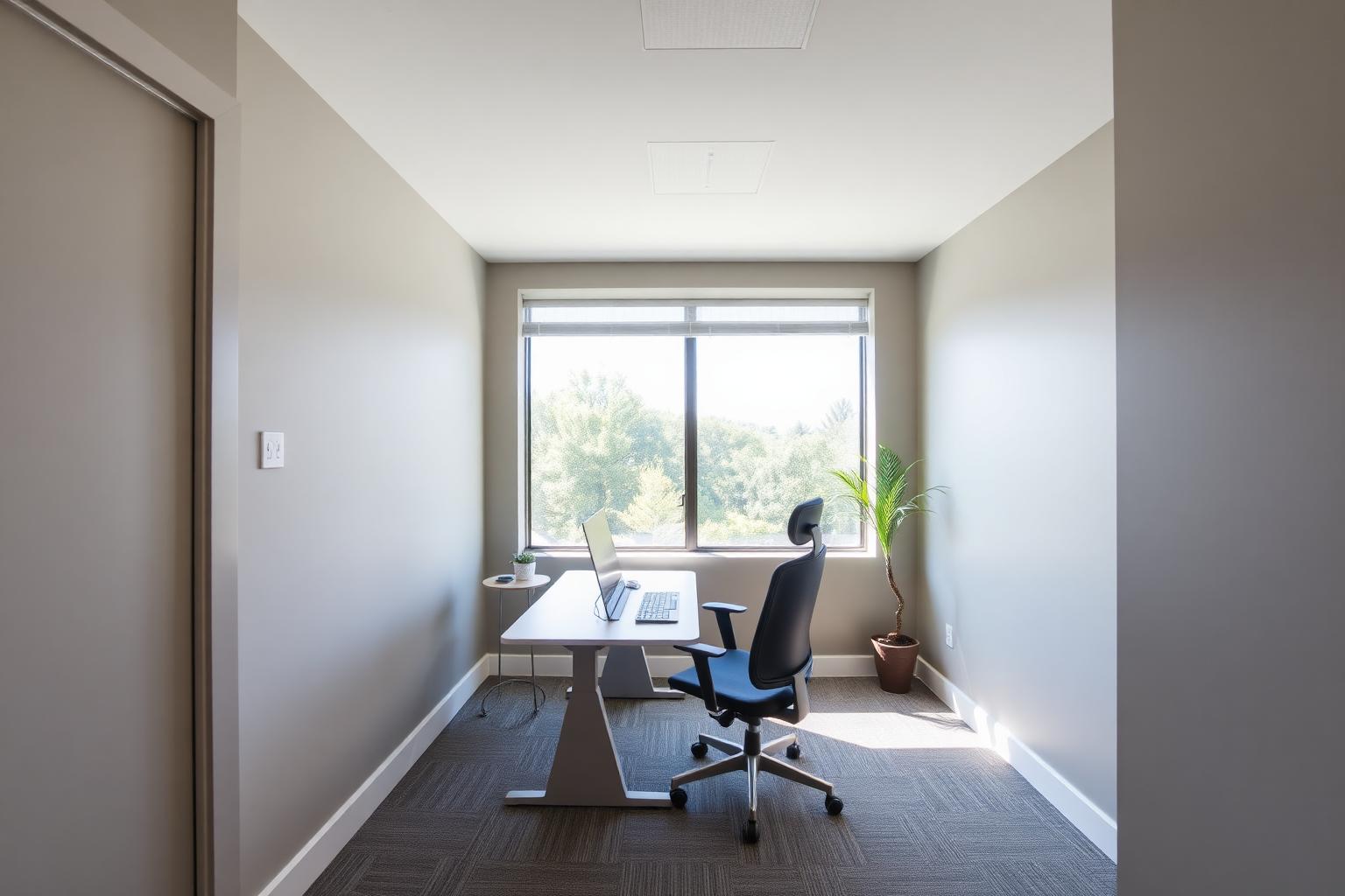 Private office suite in Forest Park, GA with a desk, ergonomic chair and a large daylight window